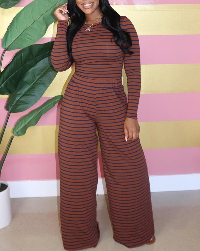 

Striped Crop Top & High Waist Wide Leg Pants Set, Coffee