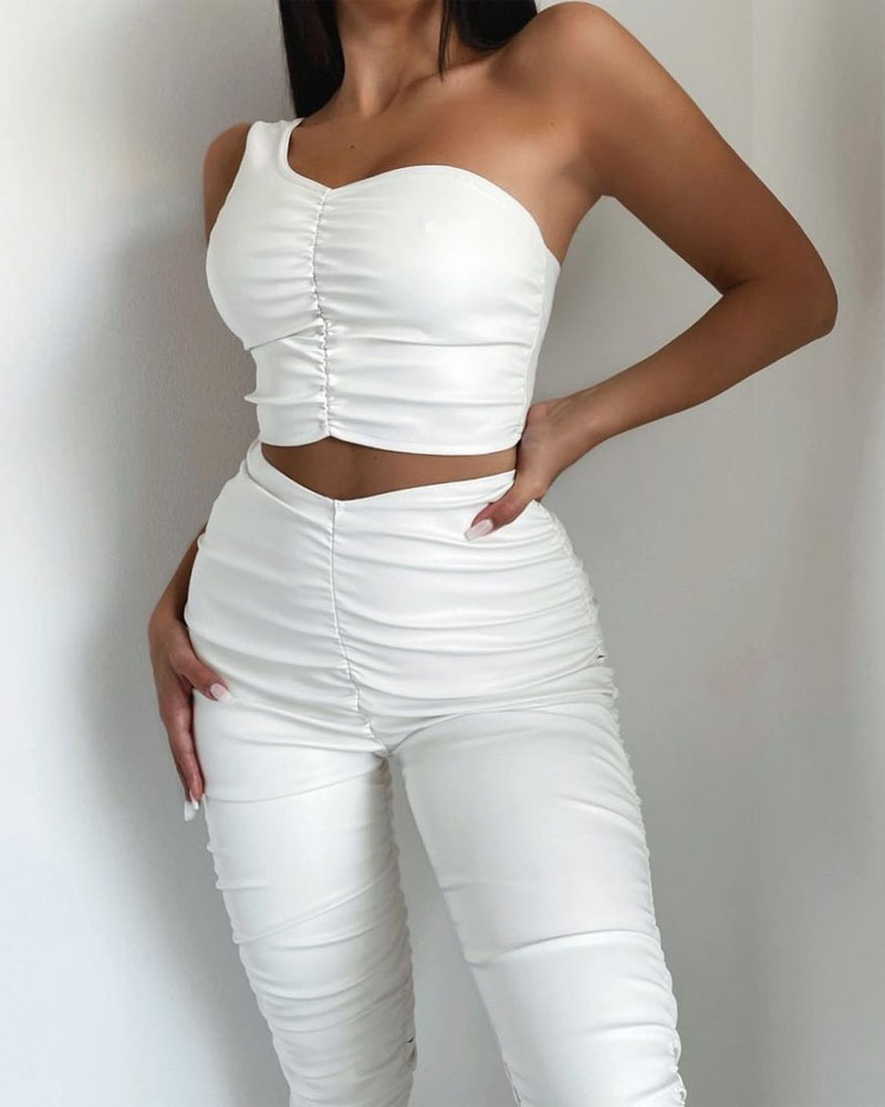

PU Leather Ruched One Shoulder Crop Top & Pants Set, White