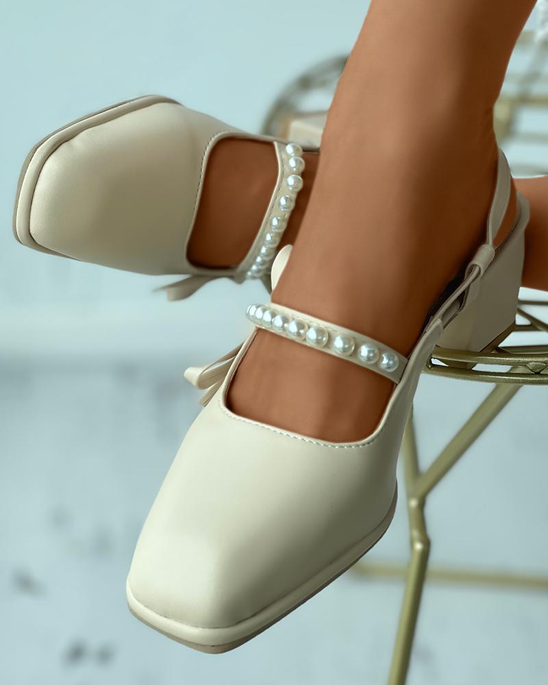 

Beaded Strap Bowknot Decor Square Toe Chunky Heels, Beige