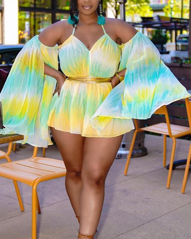 

Tie Dye V-Neck Cold Shoulder Split Bell Sleeve Romper, Yellow