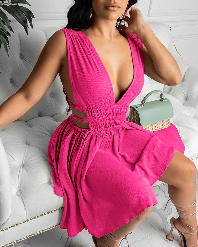 

Plunge Cutout Ruched Shirred Backless Dress, Rose red