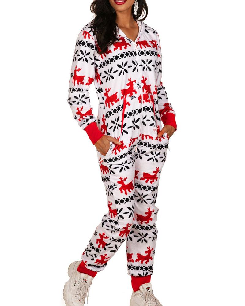 

Christmas Snowflake Reindeer Print Hooded Adult Onesie, White