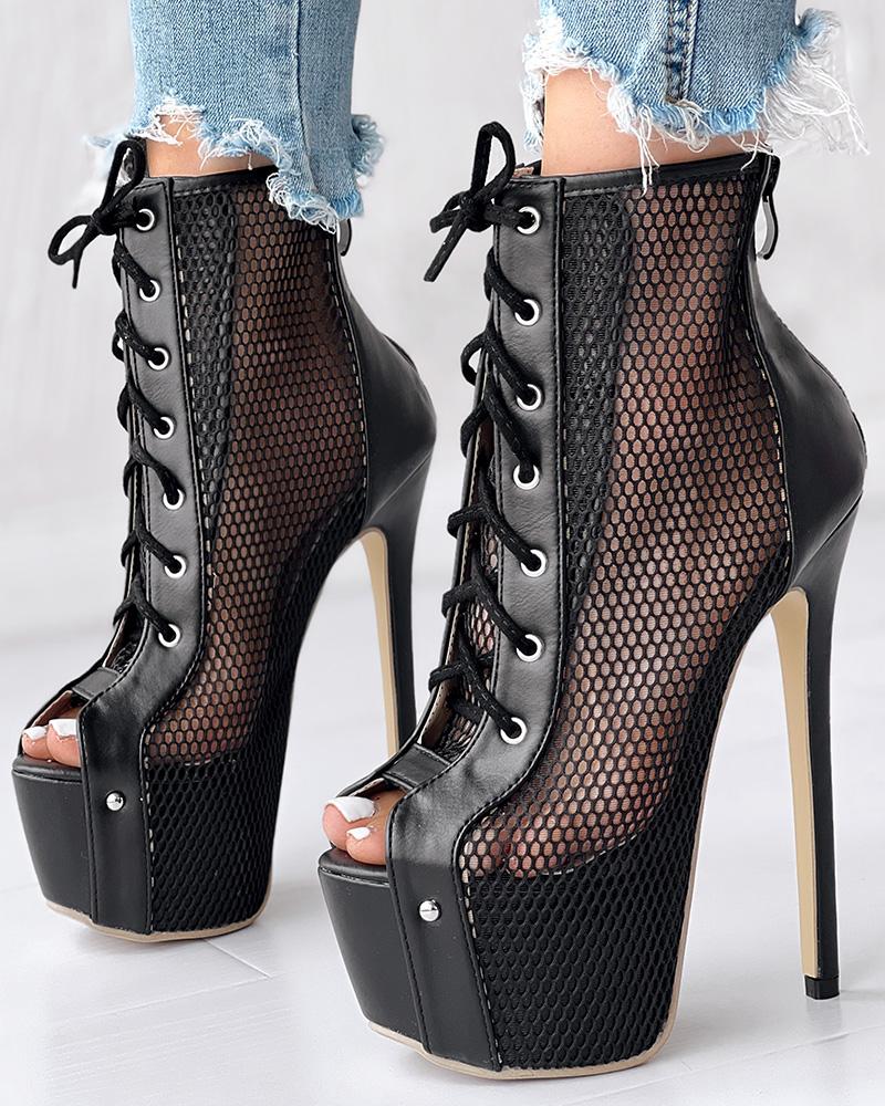 

Lace-up Peep Toe Platform Fishnet Design Ankle Boots, Black