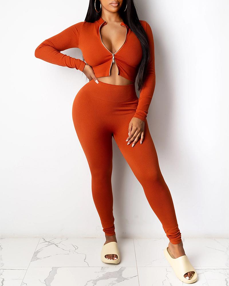 

Plain Zipper Design Top & Skinny Pants Set, Orange