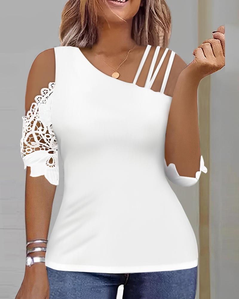 

Asymmetrical Cold Shoulder Lace Patch Top, White