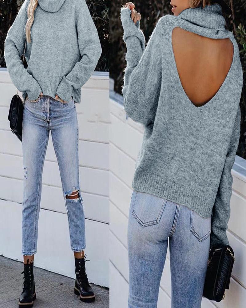 

High Neck Long Sleeve Cutout Knit Sweater, Gray