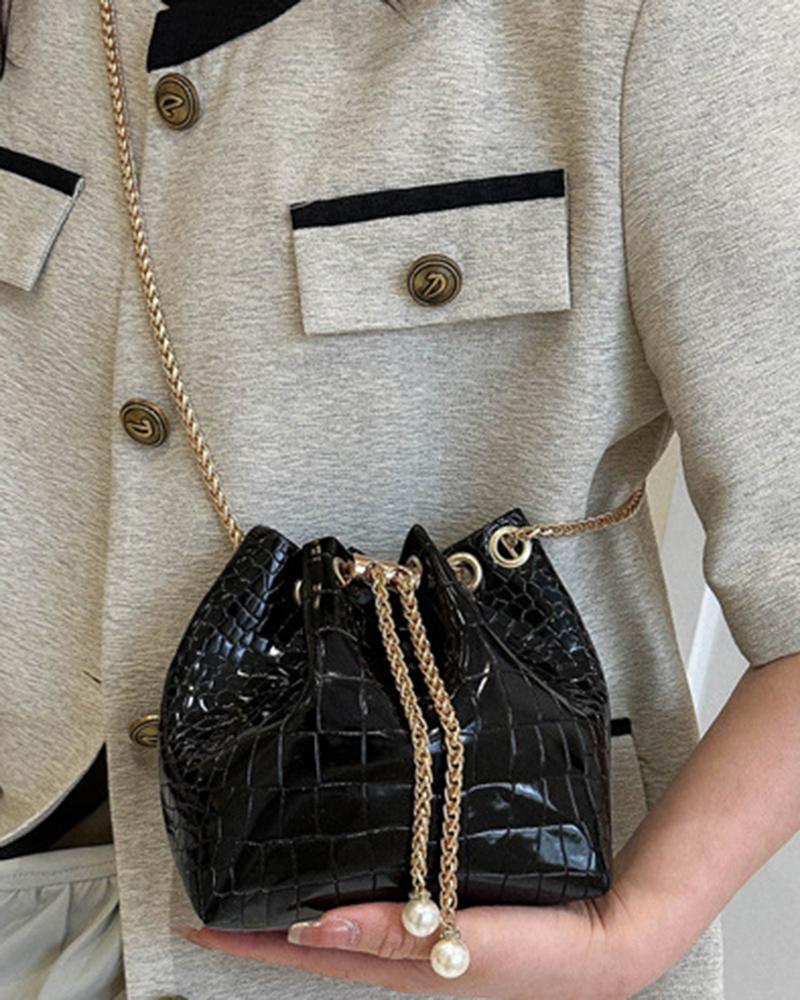 

Crocodile Chain Drawstring Bucket Bag, Black