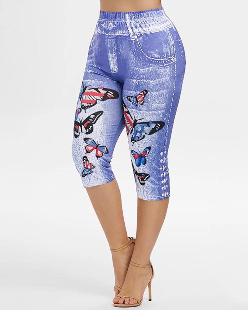 

Butterfly Denim Look Print Capris Leggings, Lighted blue
