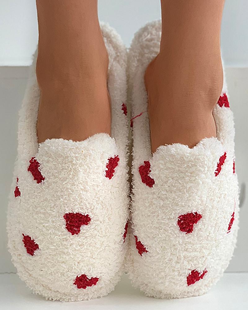 

Heart Pattern Fluffy Slippers, Beige