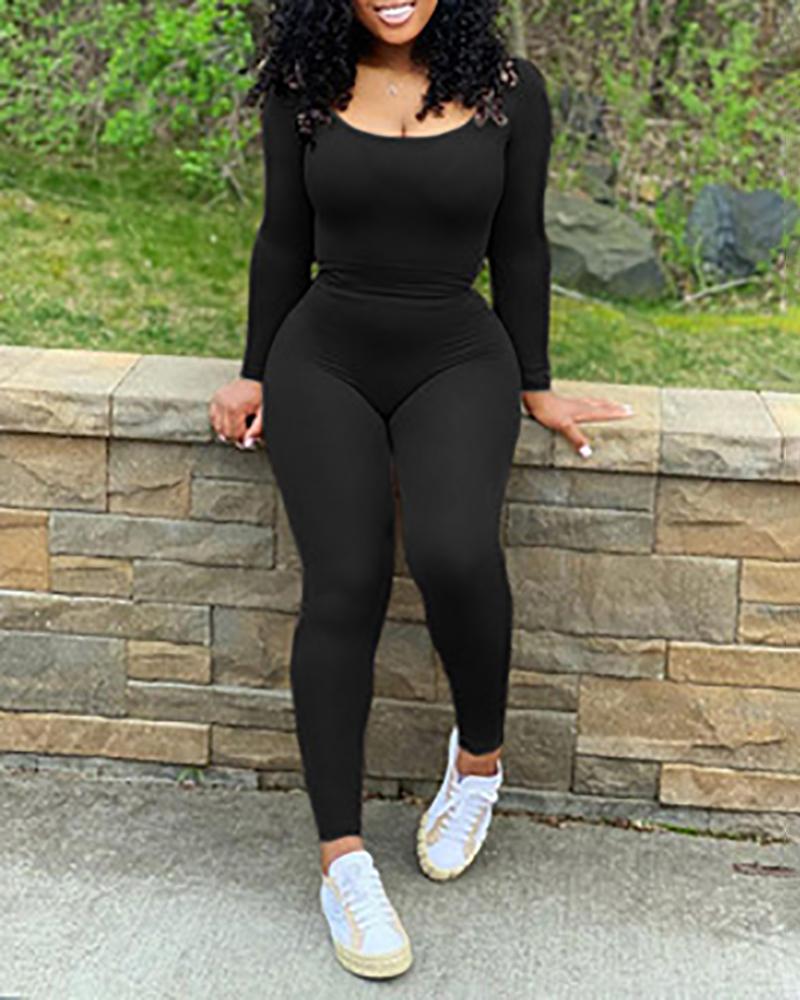 

U Neck Long Sleeve Top & High Waist Pants Set, Black
