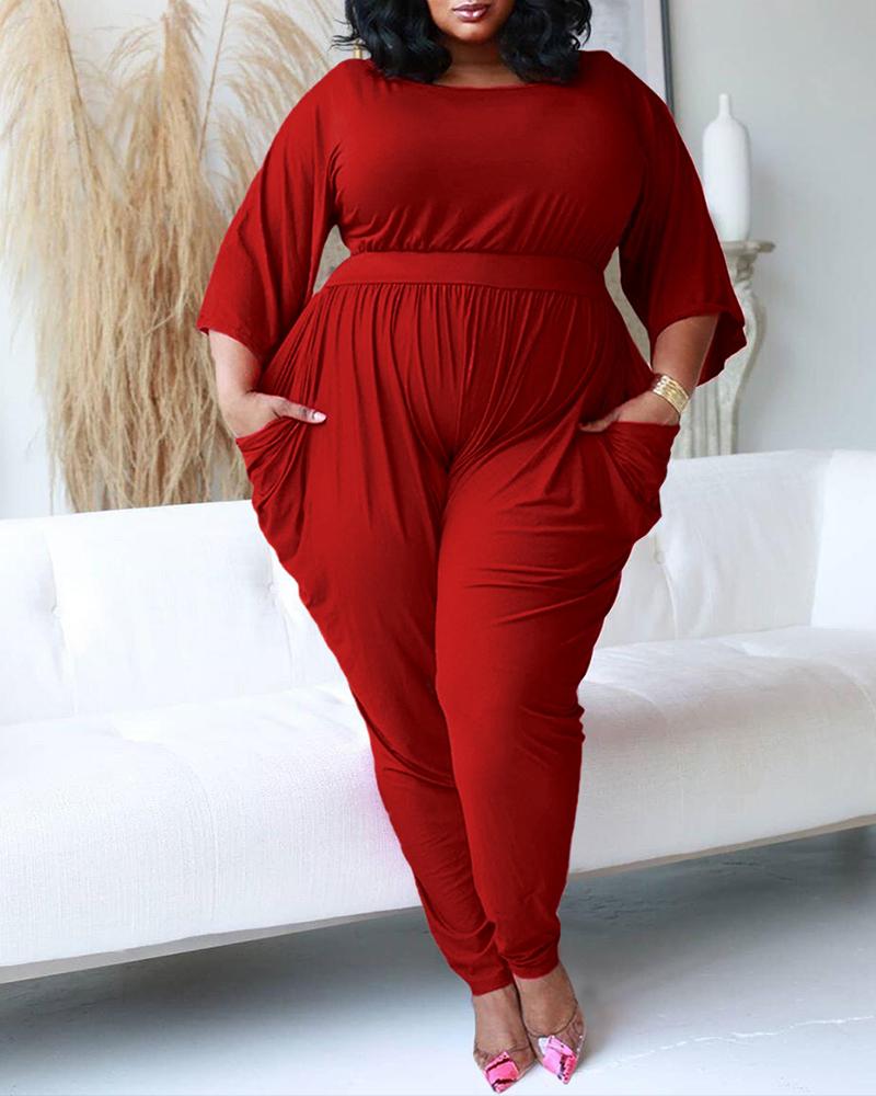 

Plus Size Round Neck Pocket Detail Jumpsuit, Wine red