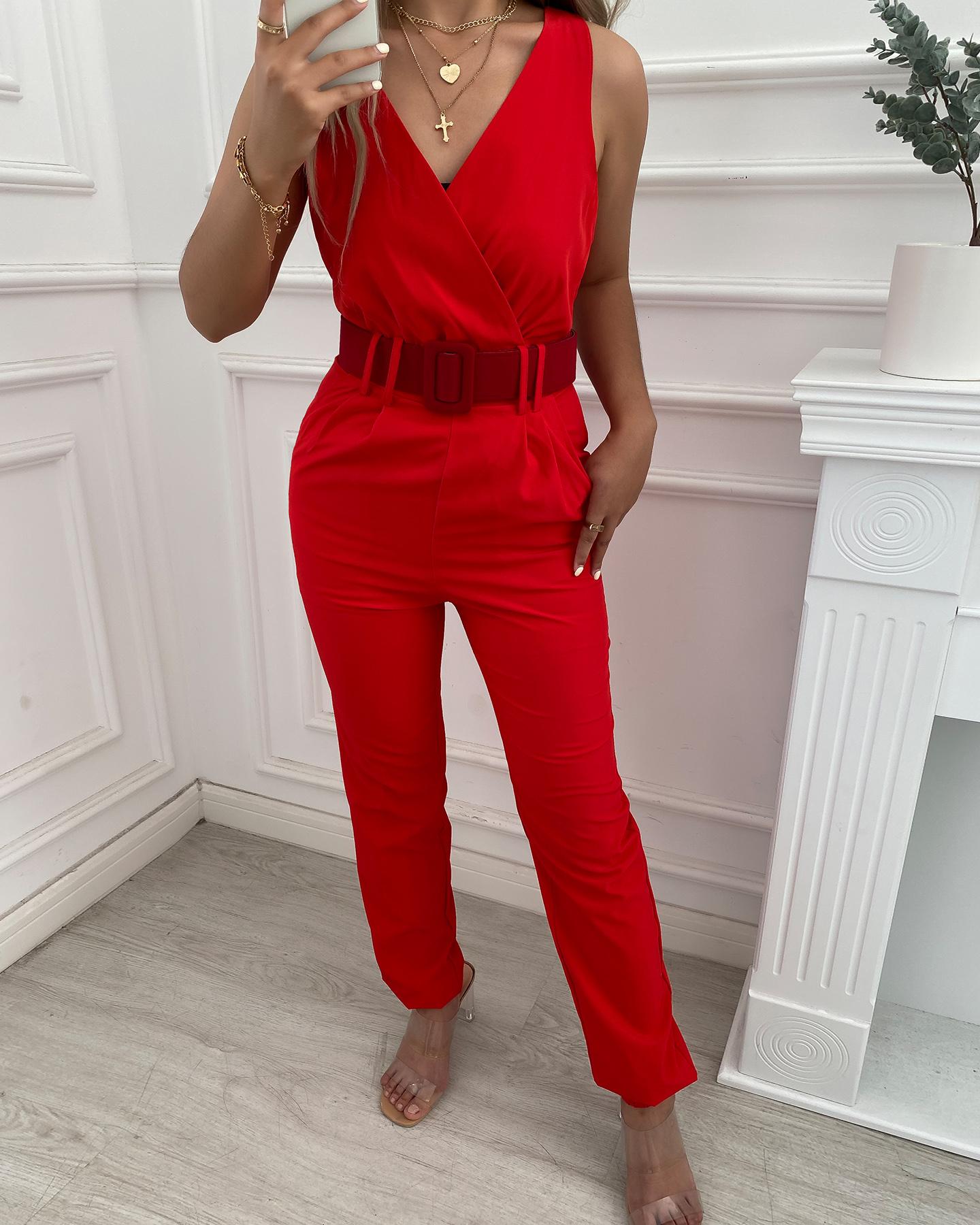 

V-Neck Sleeveless Pocket Design Backless Jumpsuit, Red
