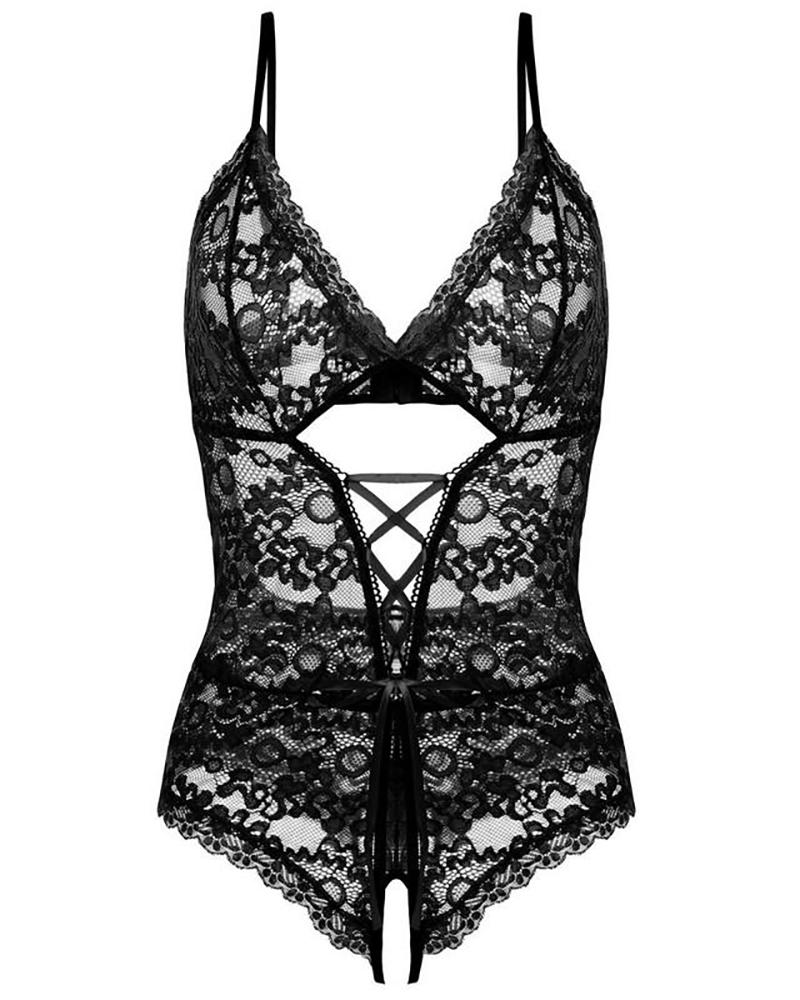 

Lace-up Cutout Backless Lace Teddies, Black