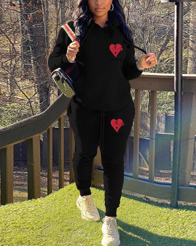 

Letter Heart Print Long Sleeve Hoodie & Pants Set, Black