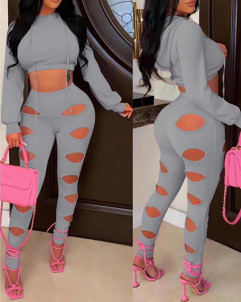 

Long Sleeve Hooded Top & High Waist Cutout Pants Set, Gray