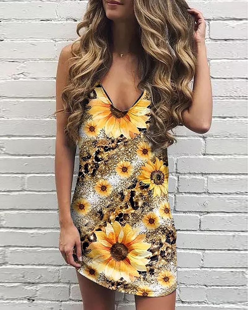 

Sunflower Leopard Print Sleeveless Mini Dress, Yellow