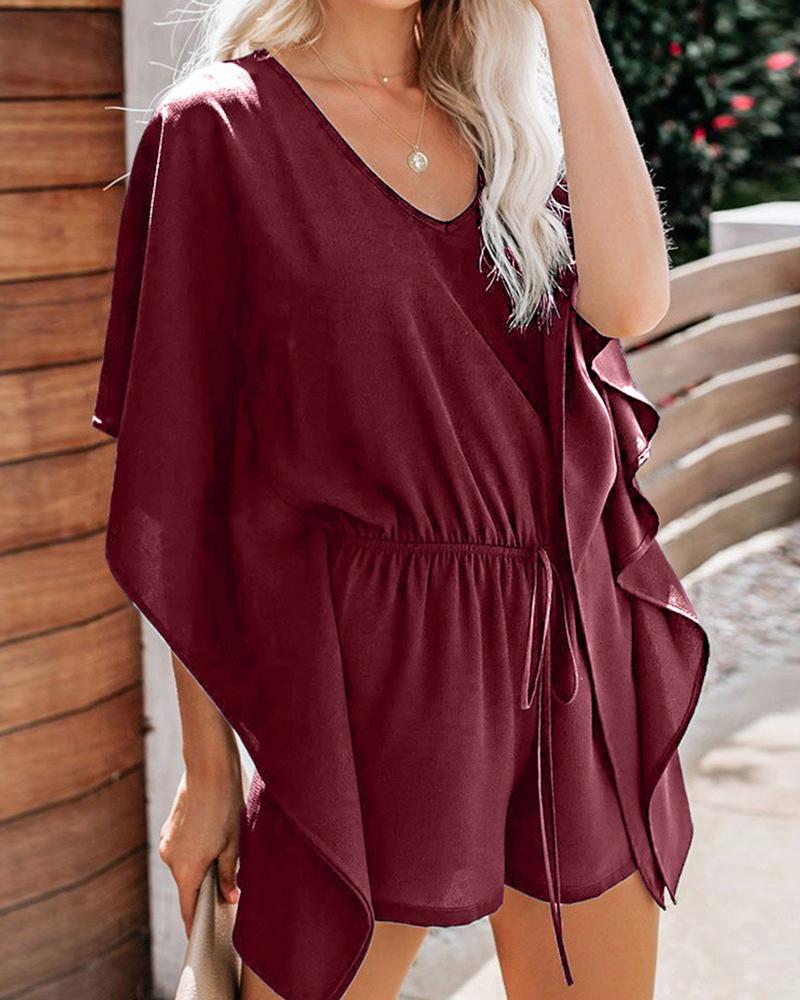 

Ruffles Hem Drawstring Casual Romper, Wine red