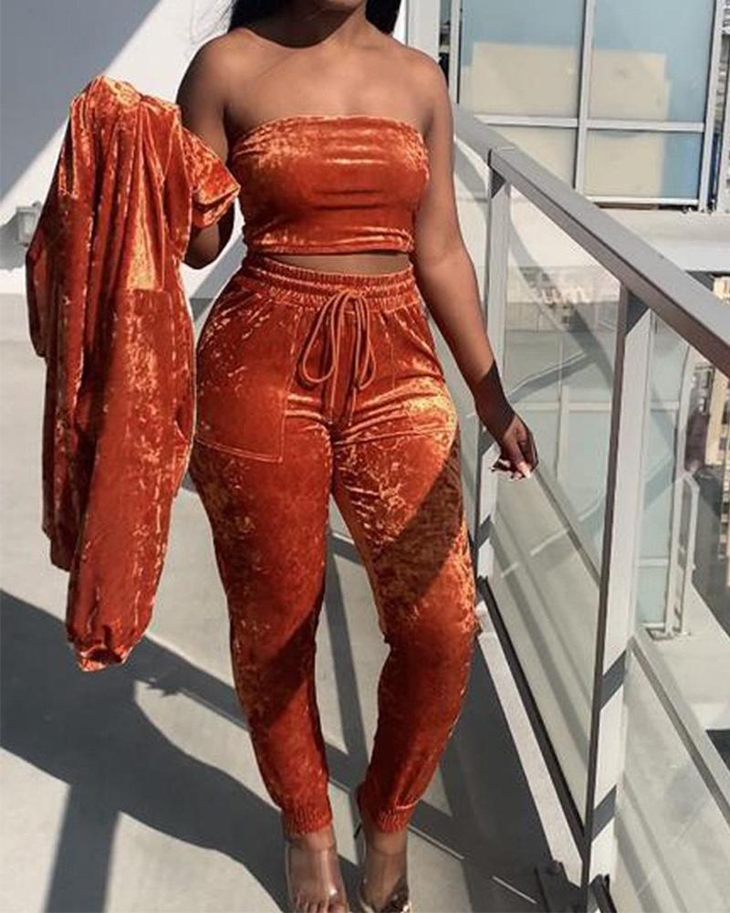 

Crop Tube Top & Drawstring Pants & Zip Up Hooded Coat Set, Orange