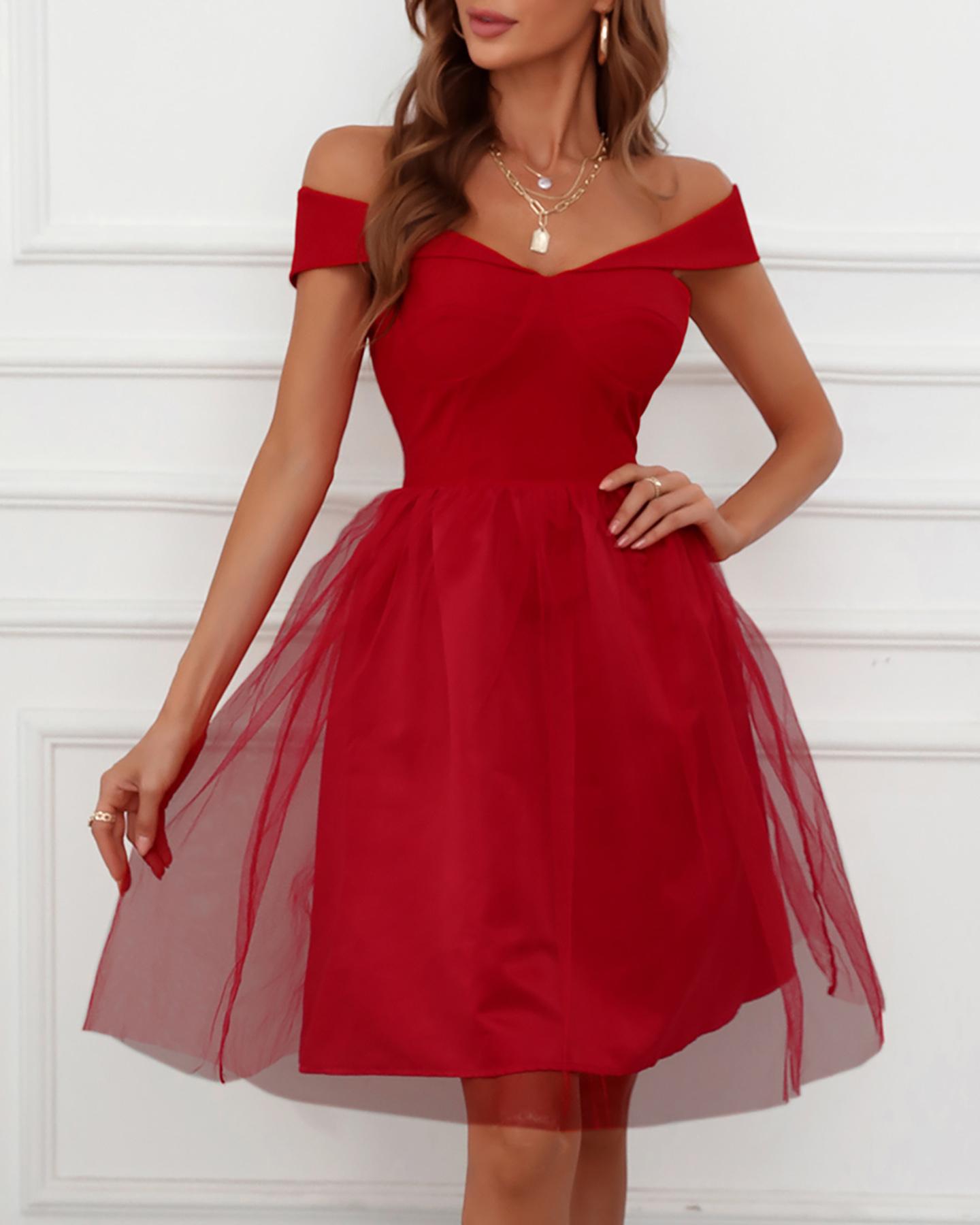 

Elegant Off Shoulder Binding Layered Mesh Cocktail Dress, Red