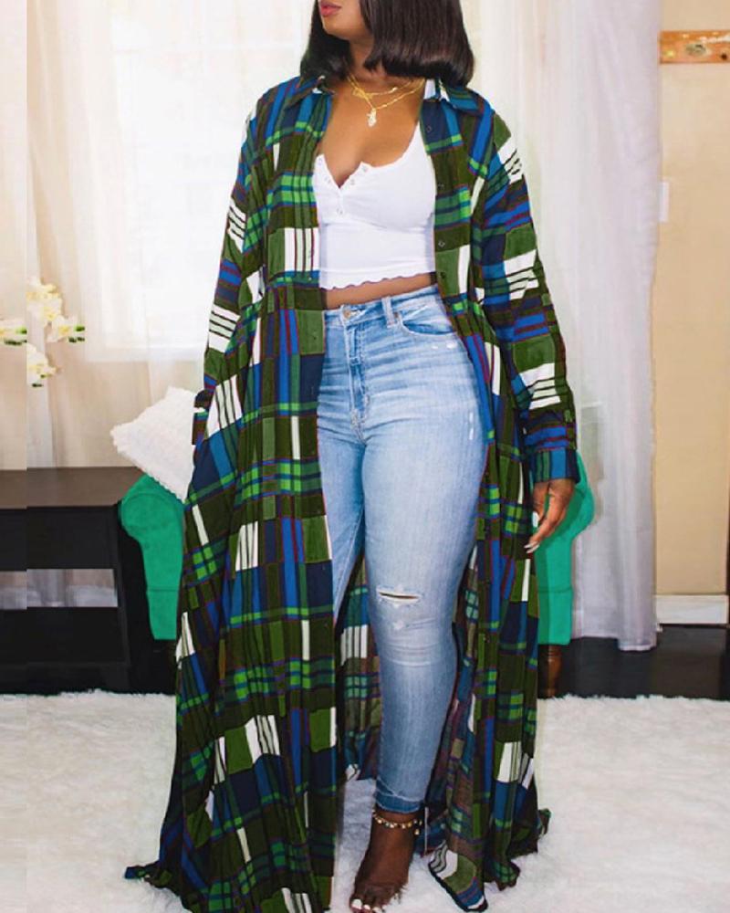 

Plaid Print Colorblock Long Sleeve Maxi Shirt Dress, Green
