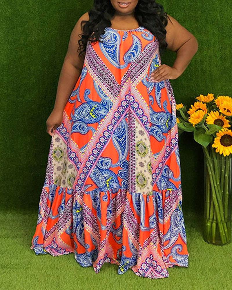 

Plus Size Scarf Paisley Print Spaghetti Strap Maxi Dress, Orange