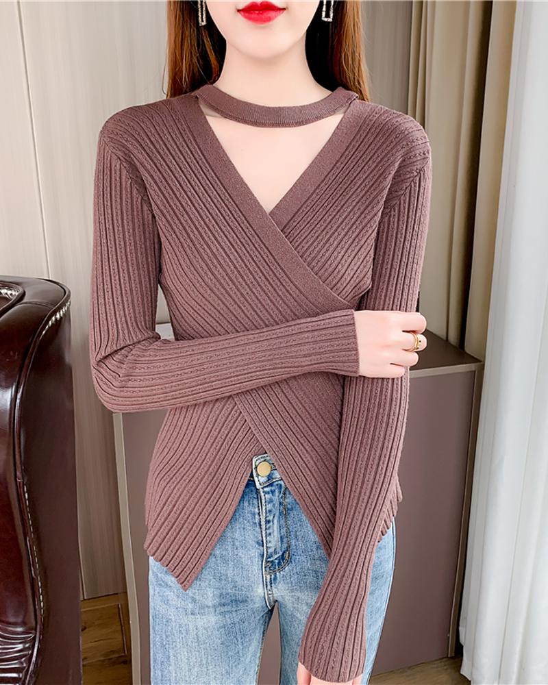 

Long Sleeve Crisscross Knit Top, Coffee