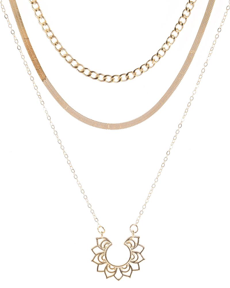 

1pcs Multi-Layered Herringbone Lotus Pendant Necklace, Gold