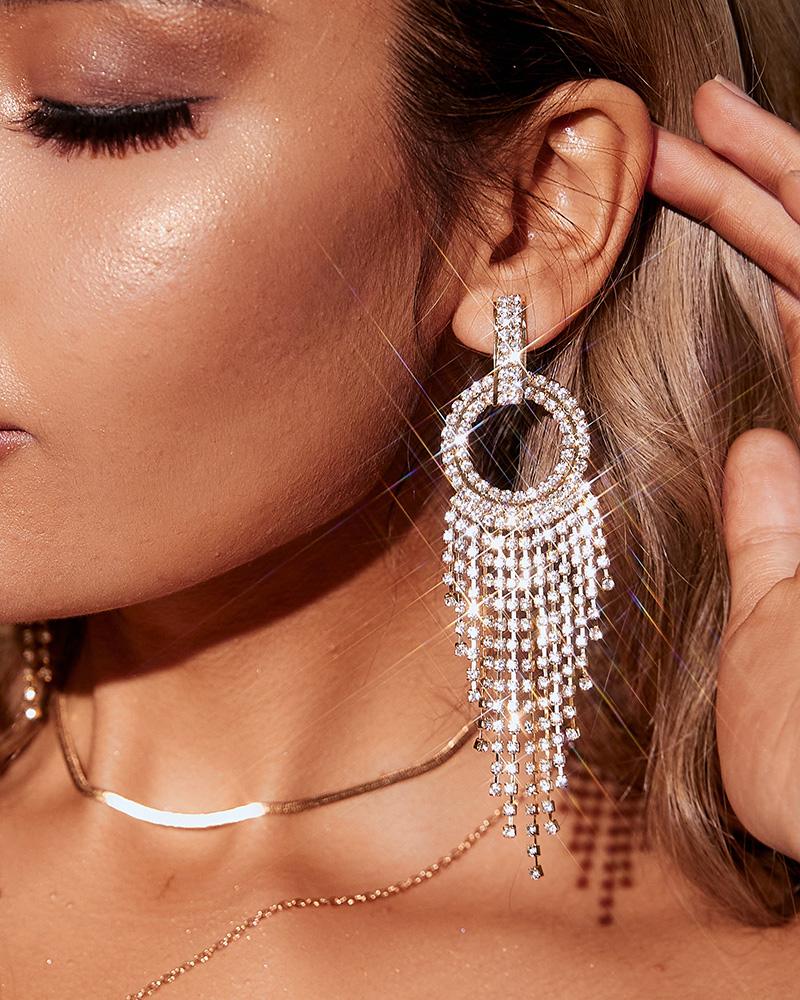 

1Pair Rhinestone Tassel Design Round Shaped Drop Earrings, Gold