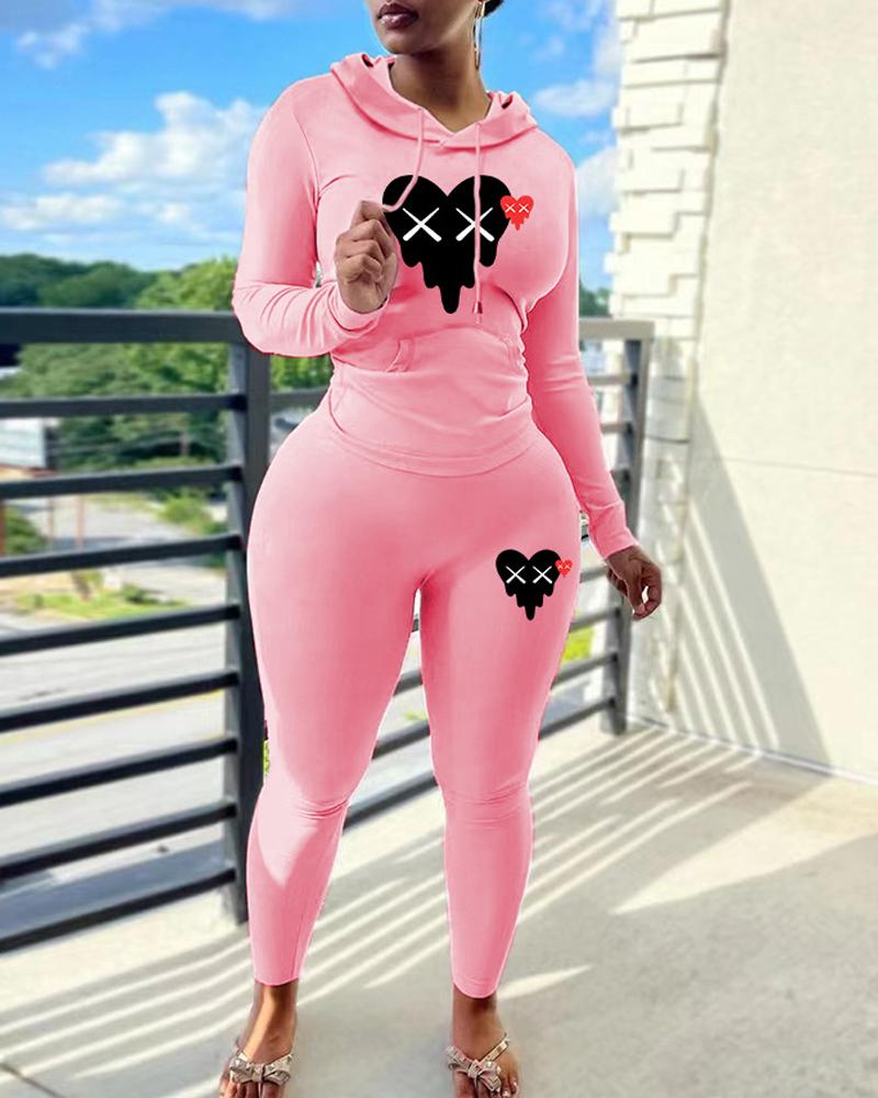 

Heart Print Long Sleeve Casual Top & Pants Set, Pink