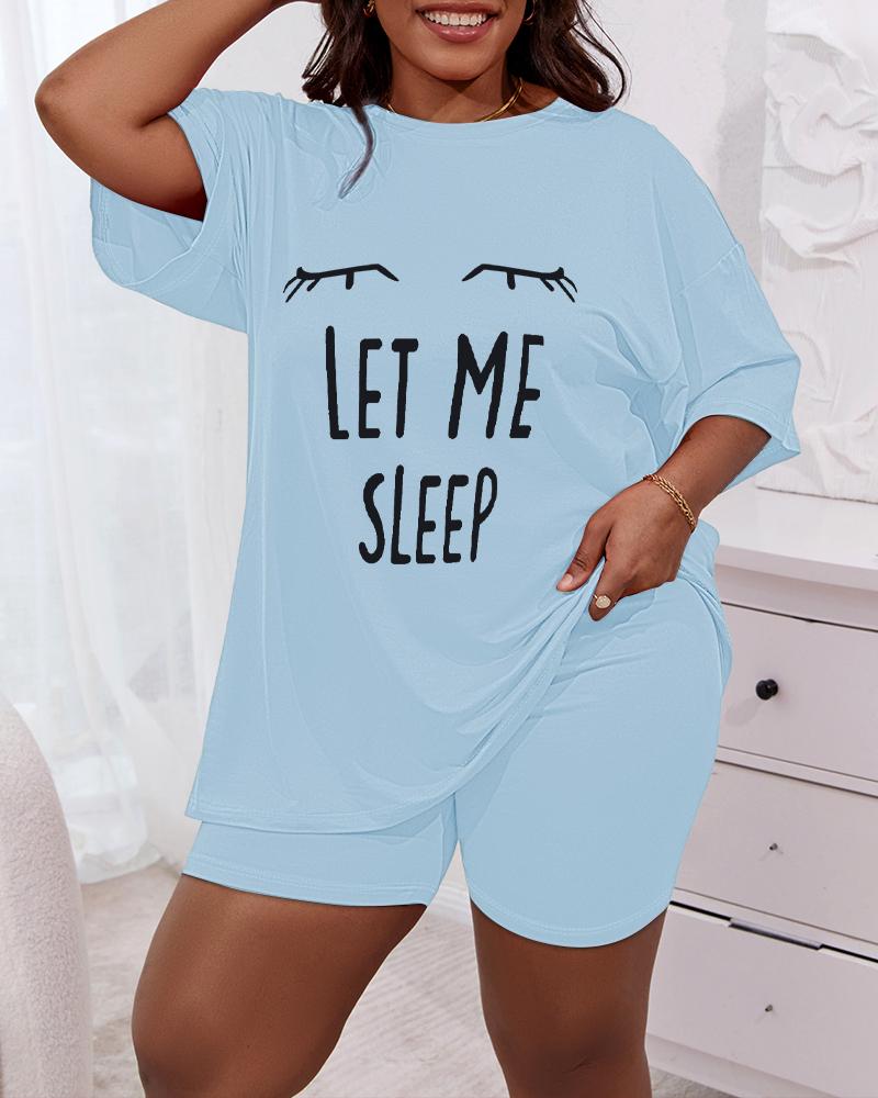 

Plus Size Let Me Sleep Figure Print Pajamas Set, Blue