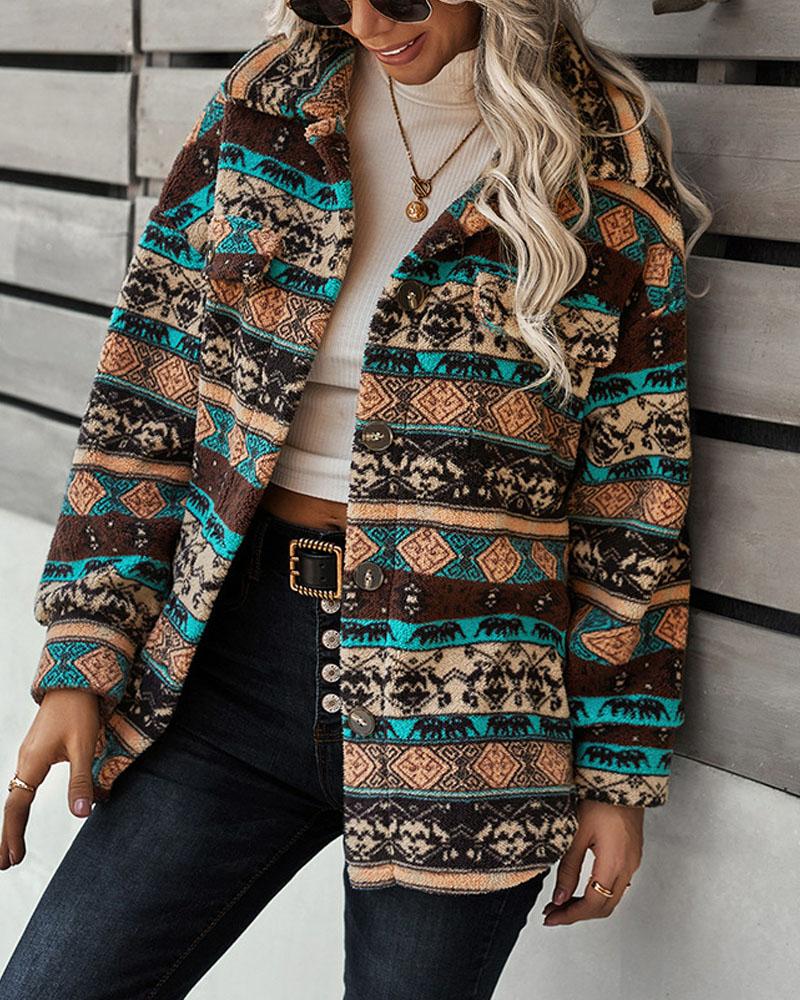 

Tribal Print Button Down Lantern Sleeve Coat, Brown