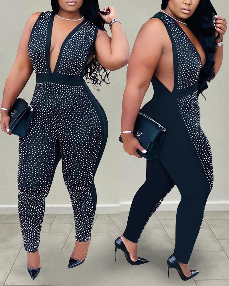 

Plunge Rhinestone Sleeveless Skinny Jumpsuit, Black