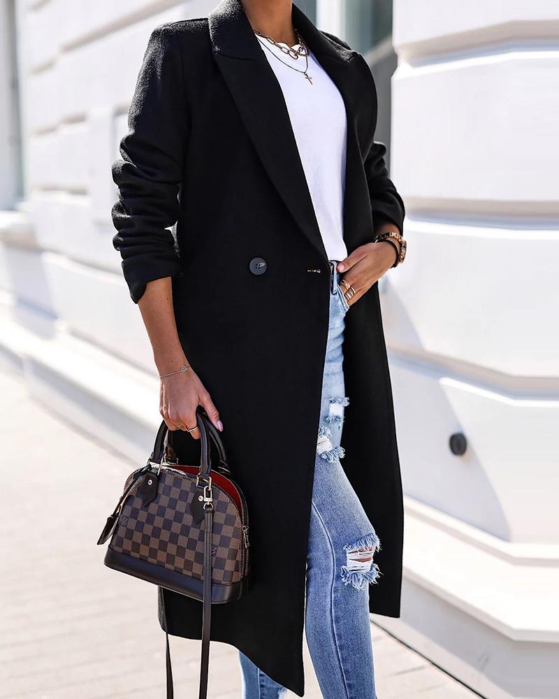 

Notched Collar Double Breasted Pea Coat, Black