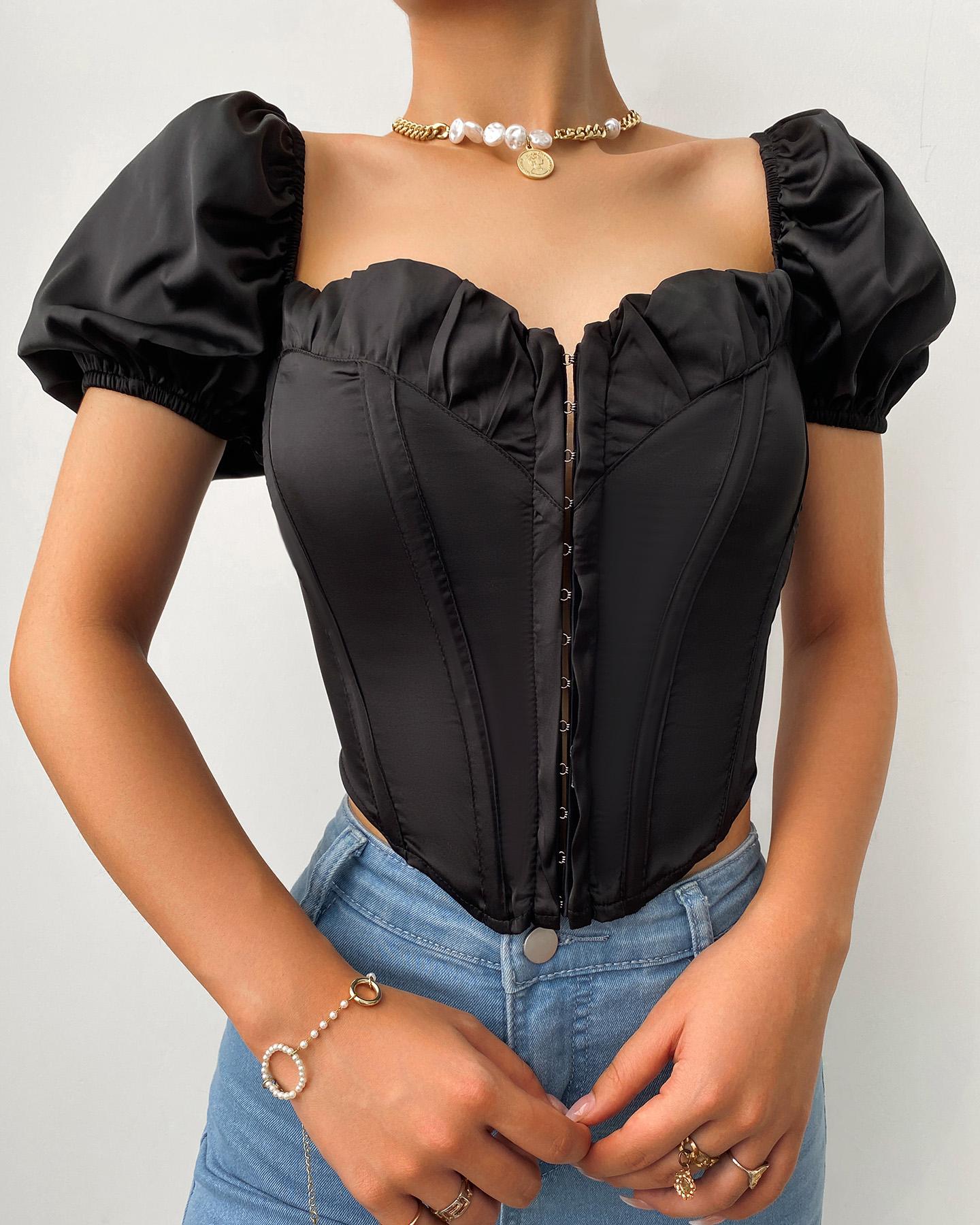 

Satin Plain Puff Sleeve Corset Top, Black