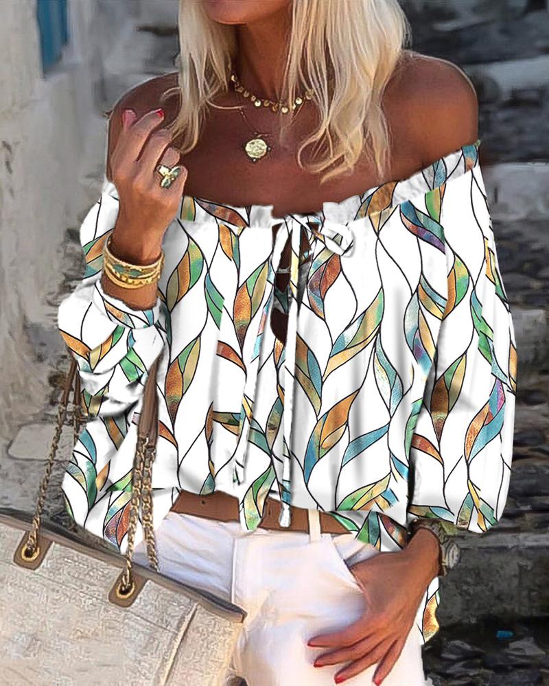 

Plants Print Frill Hem Off Shoulder Top, White