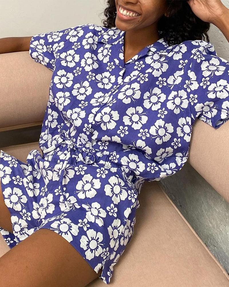 

Floral Print Short Sleeve T-shirt With Short Pants Suit Sets, Blue
