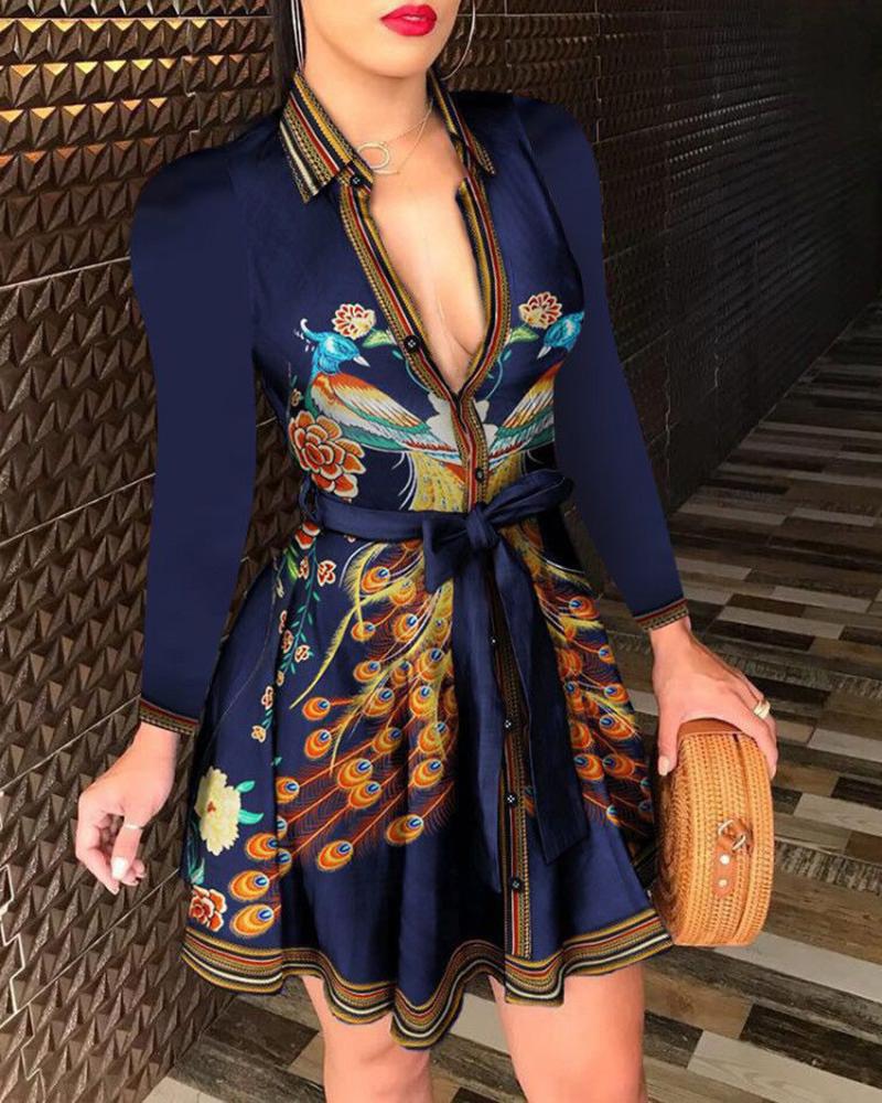 

Mixed Print Buttoned Long Sleeve Ruffles Dress, Dark blue
