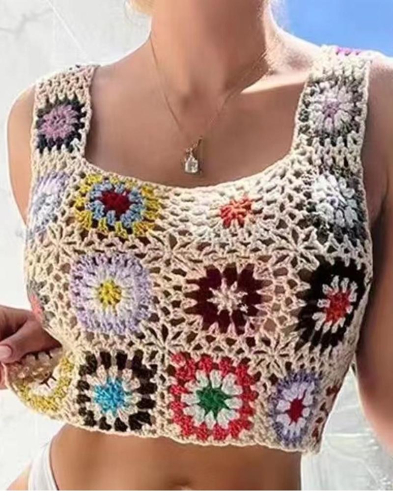 

Random Color Scarf Pattern Hollow Out Crochet Cover Up Beach Crop Top, Apricot