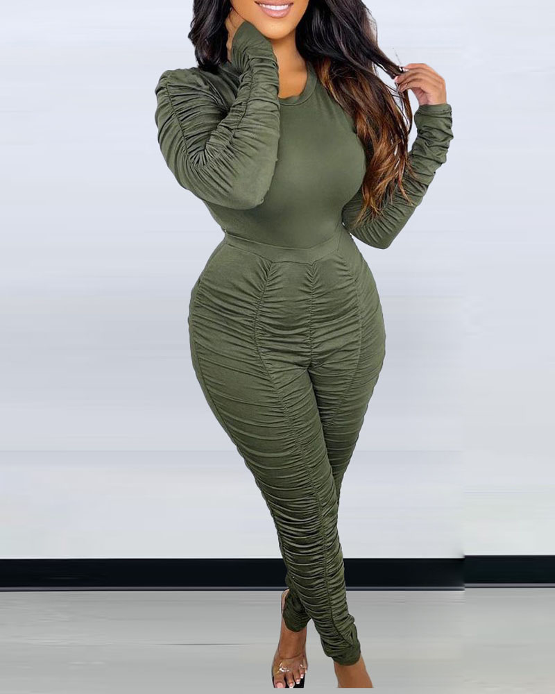 

Ruched Long Sleeve Top & Pants Set, Army green