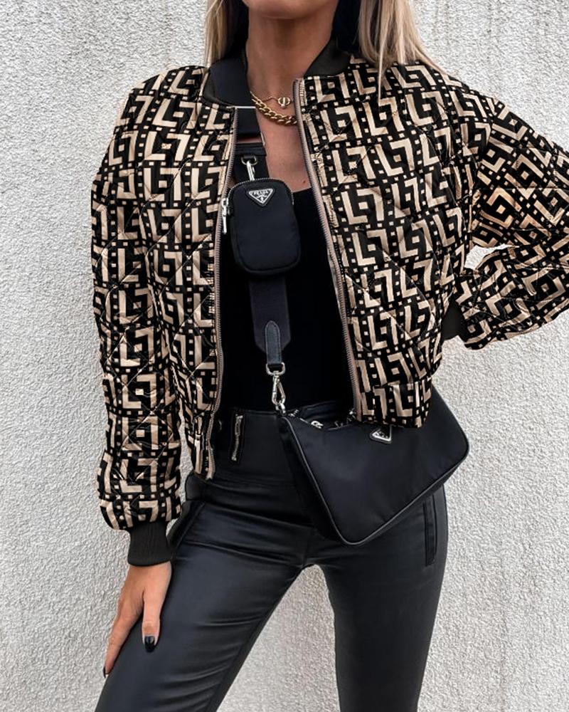

Geometric Print Zip Up Quilted Puffer Jacket, Black