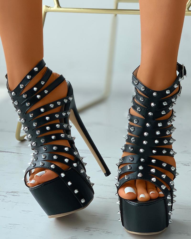 

Rivet Decor Multi Strap Platform Heels, Black