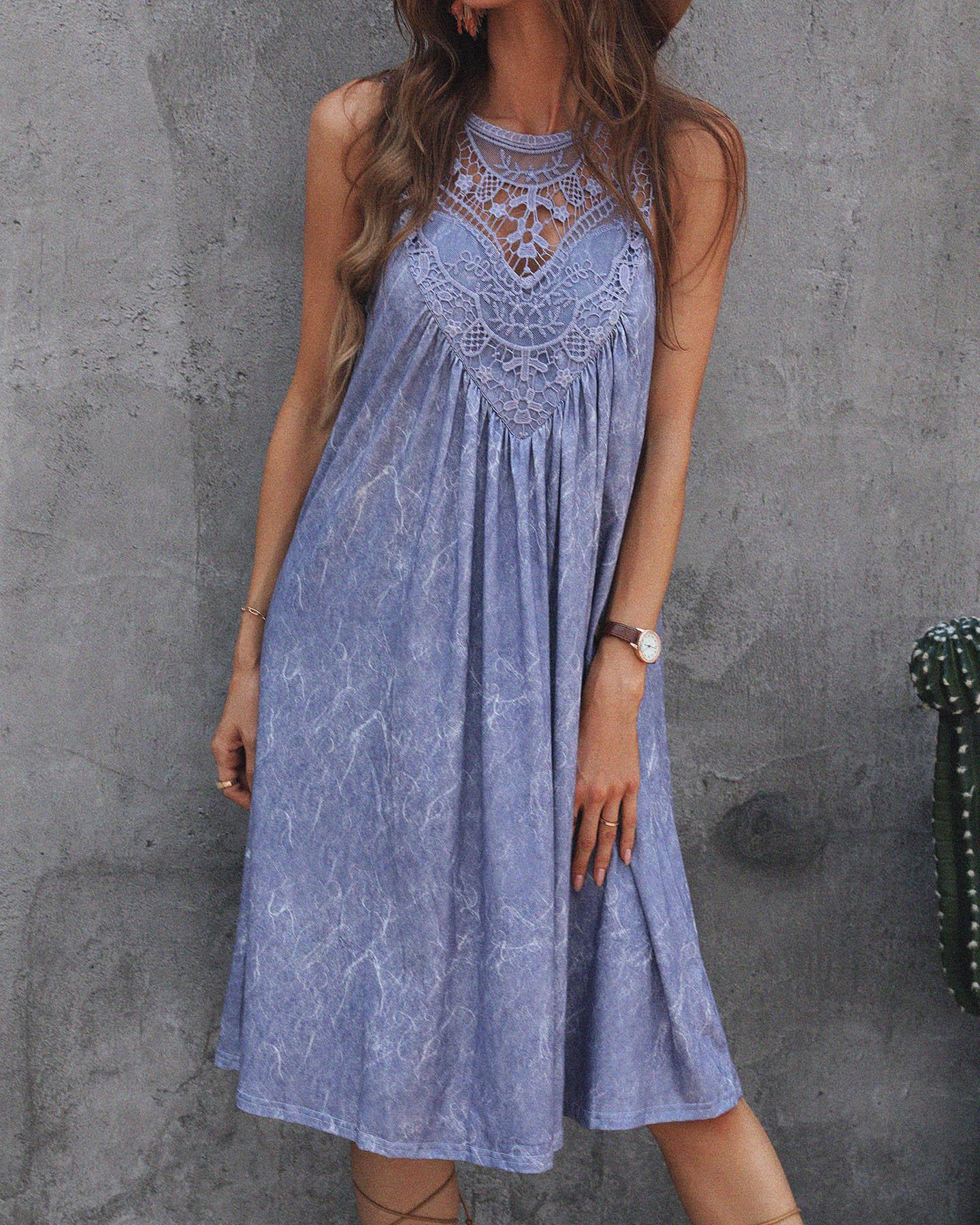 

Crochet Lace Insert Sleeveless Casual Dress, Dark blue