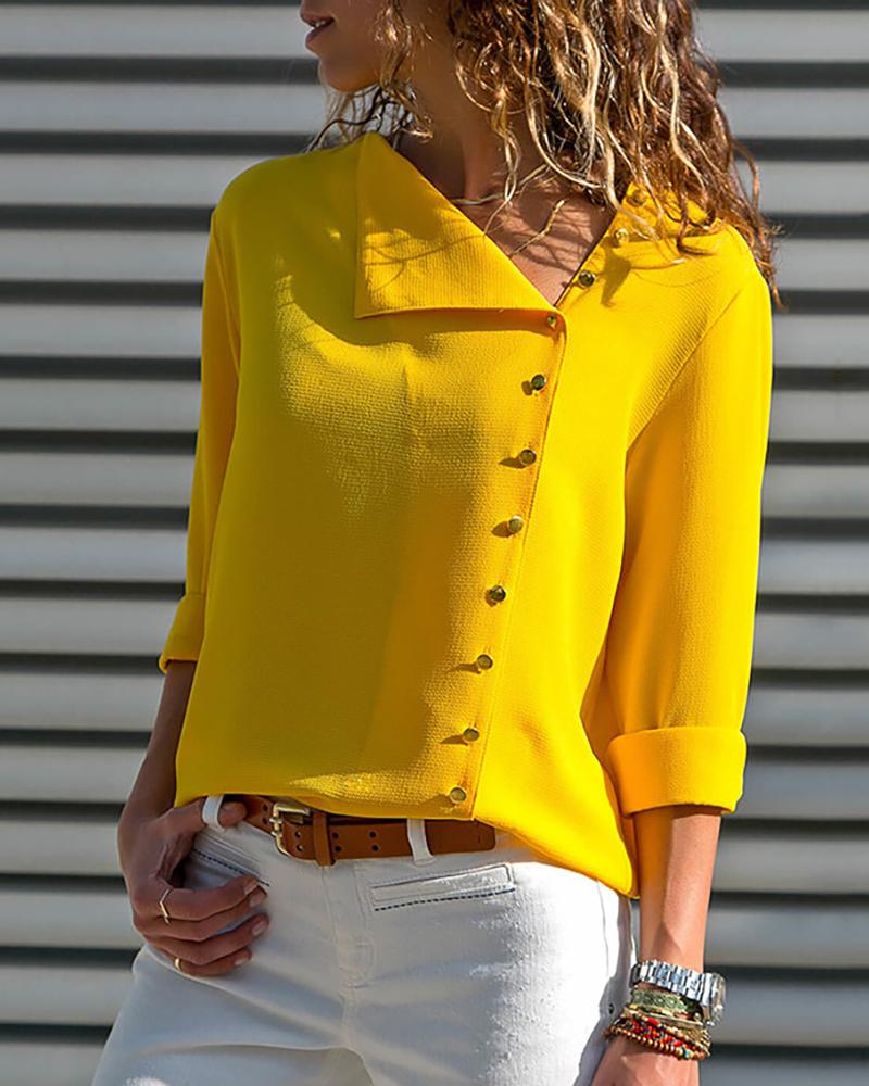 

Solid Button Embellished Casual Blouse, Yellow