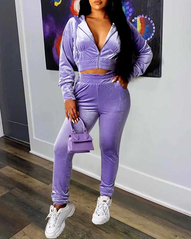 

Zipper Design Hooded Top & High Waist Pants Set, Purple