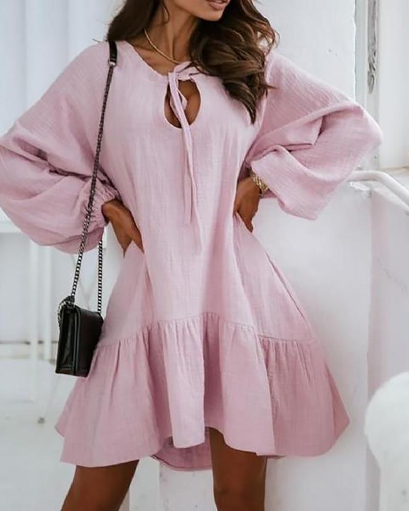 

Tie Front Lantern Sleeve Casual Dress, Pink