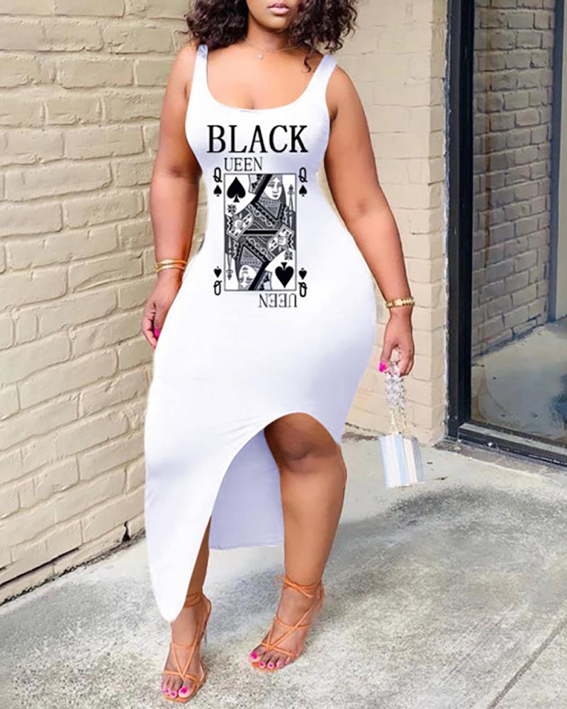 

Plus Size Letter Poker Print Slit Casual Tank Dress, White