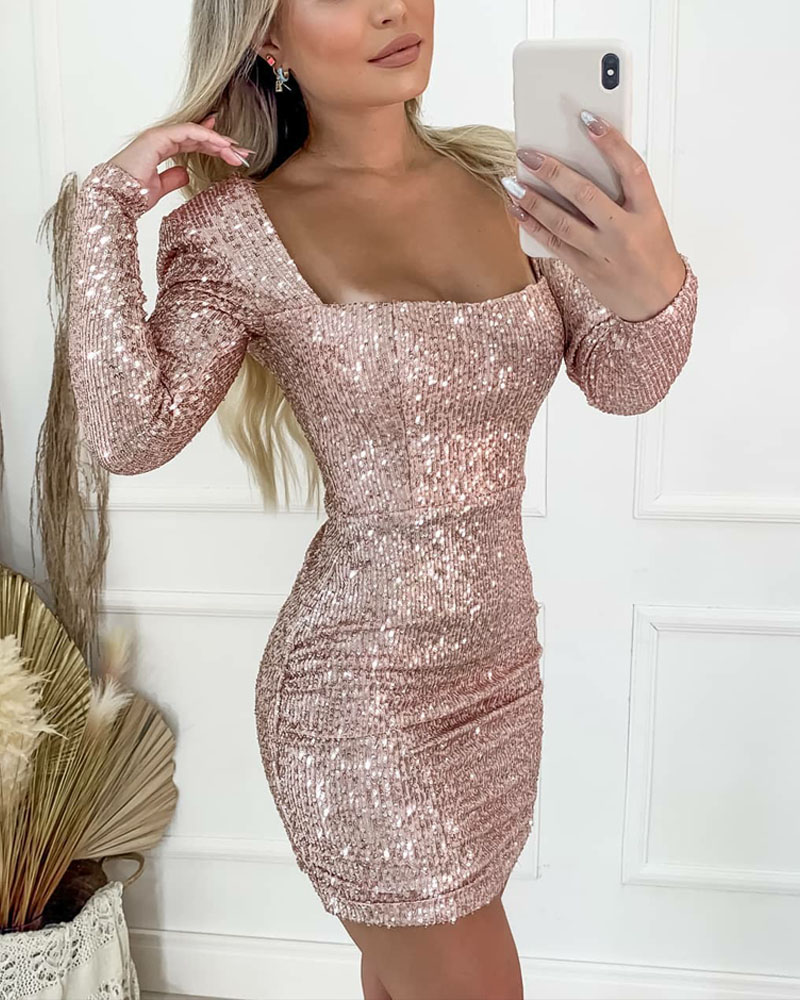 

Long Sleeve Bodycon Sequin Dress, Pink
