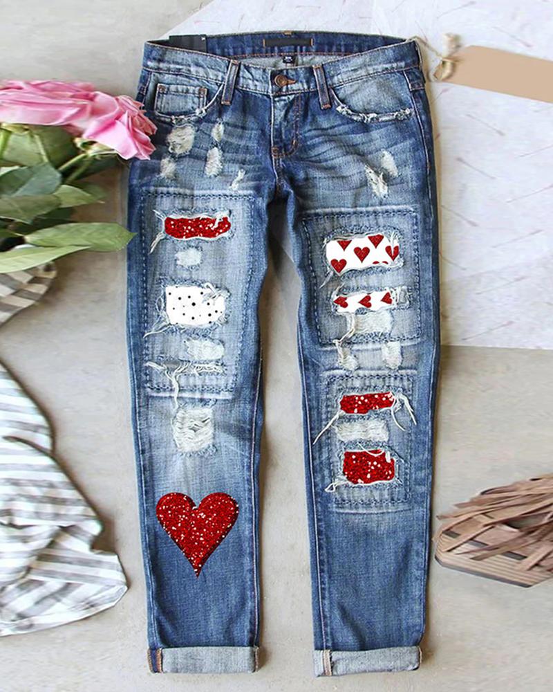 

Valentine' Day Heart Pattern Ripped Jeans, Blue