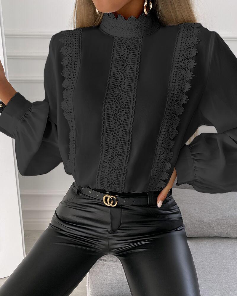 

Contrast Lace Trim Long Sleeve Women Blouse, Black