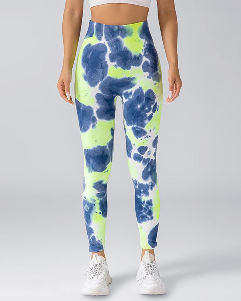 

Pantalon de yoga sans couture avec imprimé tie-dye et levage des fesses, leggings de contrôle du ventre, Green